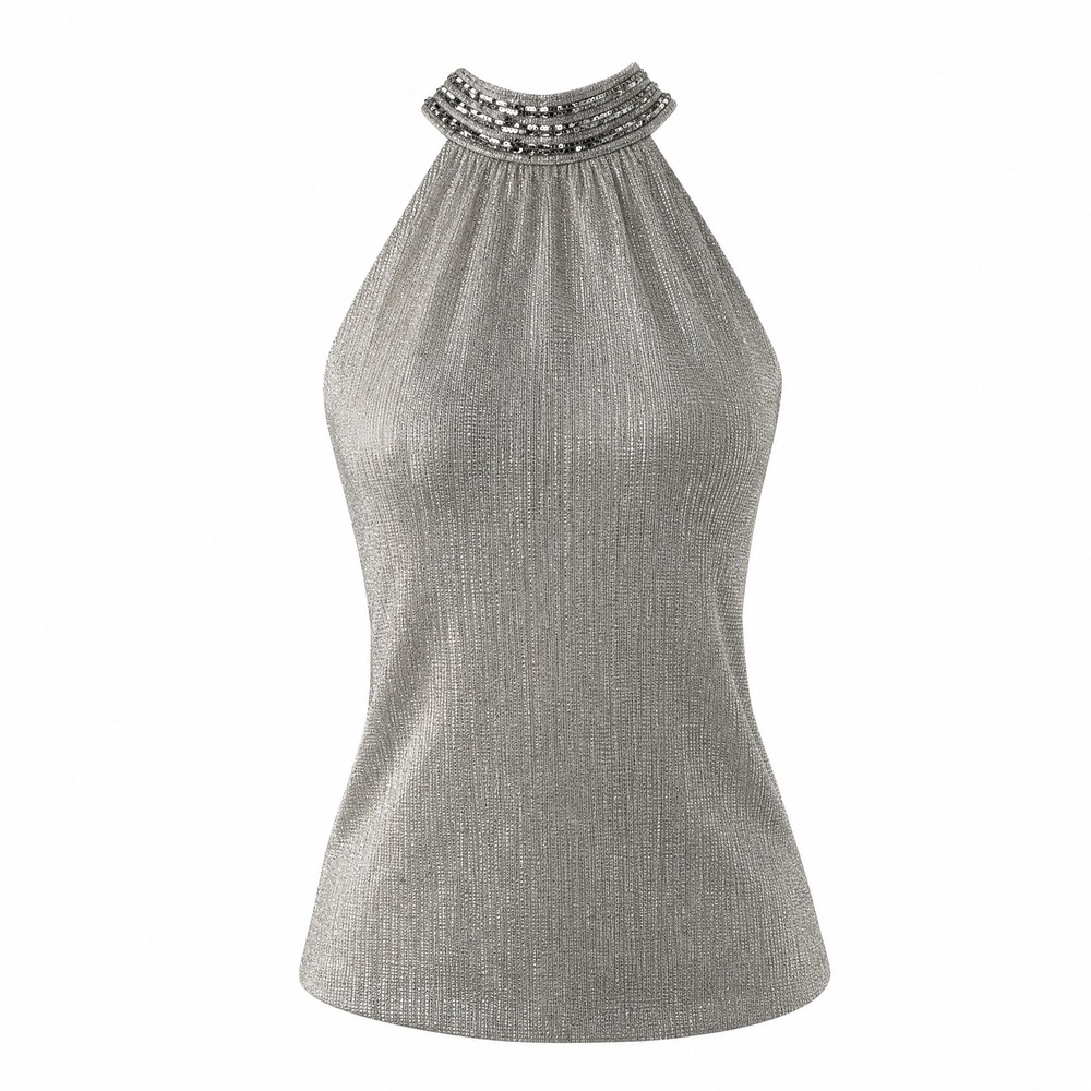 NicoBlu Halter Top Small Silver Metallic Beaded Neck Glam Party Night Out Style